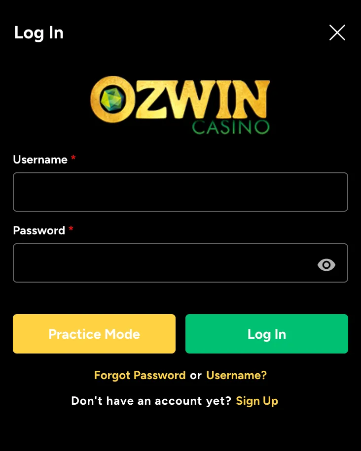 Ozwin Casino login page