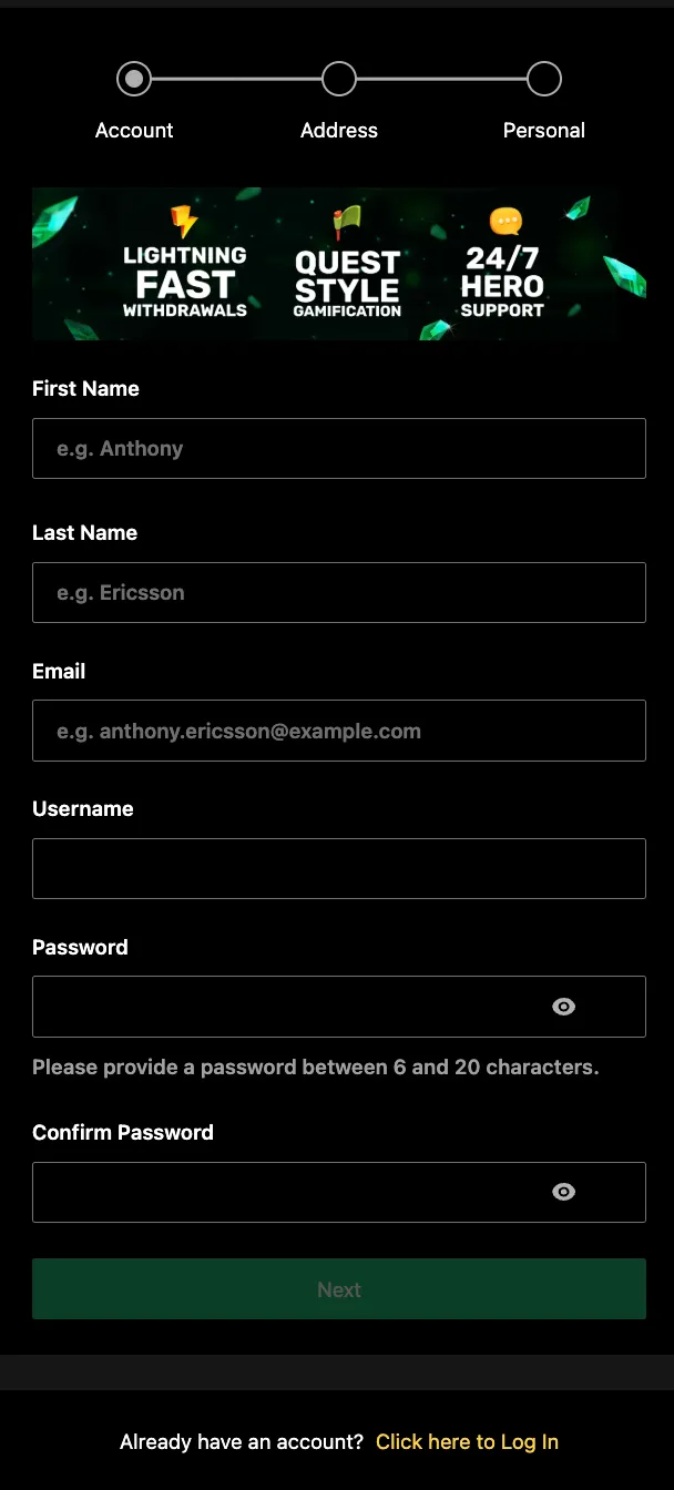 Ozwin Casino signup page